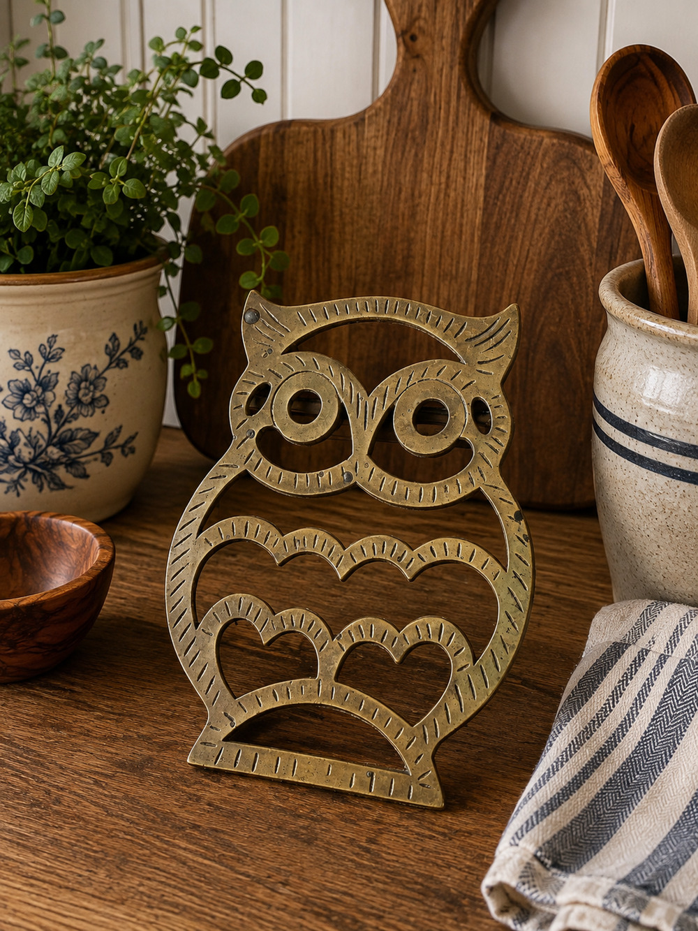 Vintage MCM Solid Brass Owl Trivet Heavy 8" Openwork Hot Plate Kitchen Decor